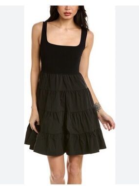 Tanya Taylor Nevaeh Black Square-Neck Tiered Mini Dress. XL